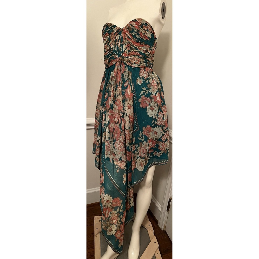 Pearl by Georgina Chapman Green Asymmetric Strapless Scarf Hem Dress Floral 4